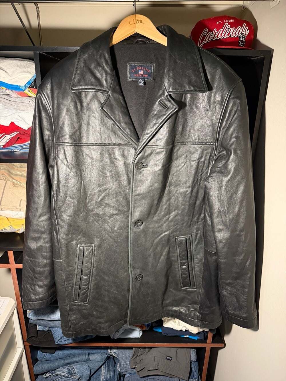 U.S. Polo Assn. Men's Black Genuine Leather Button-Front Coat Jacket - Large